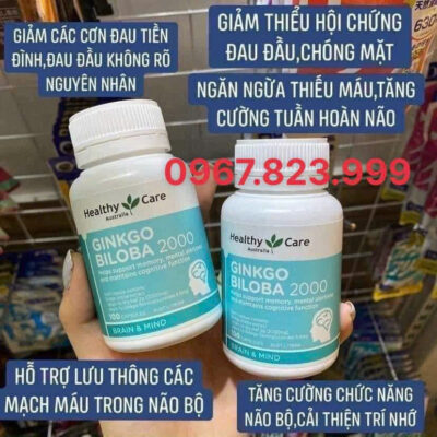 Viên uống Healthy Care Ginkgo Biloba 2000mg hỗ trợ tuần hoàn máu não (Chai 100 viên)